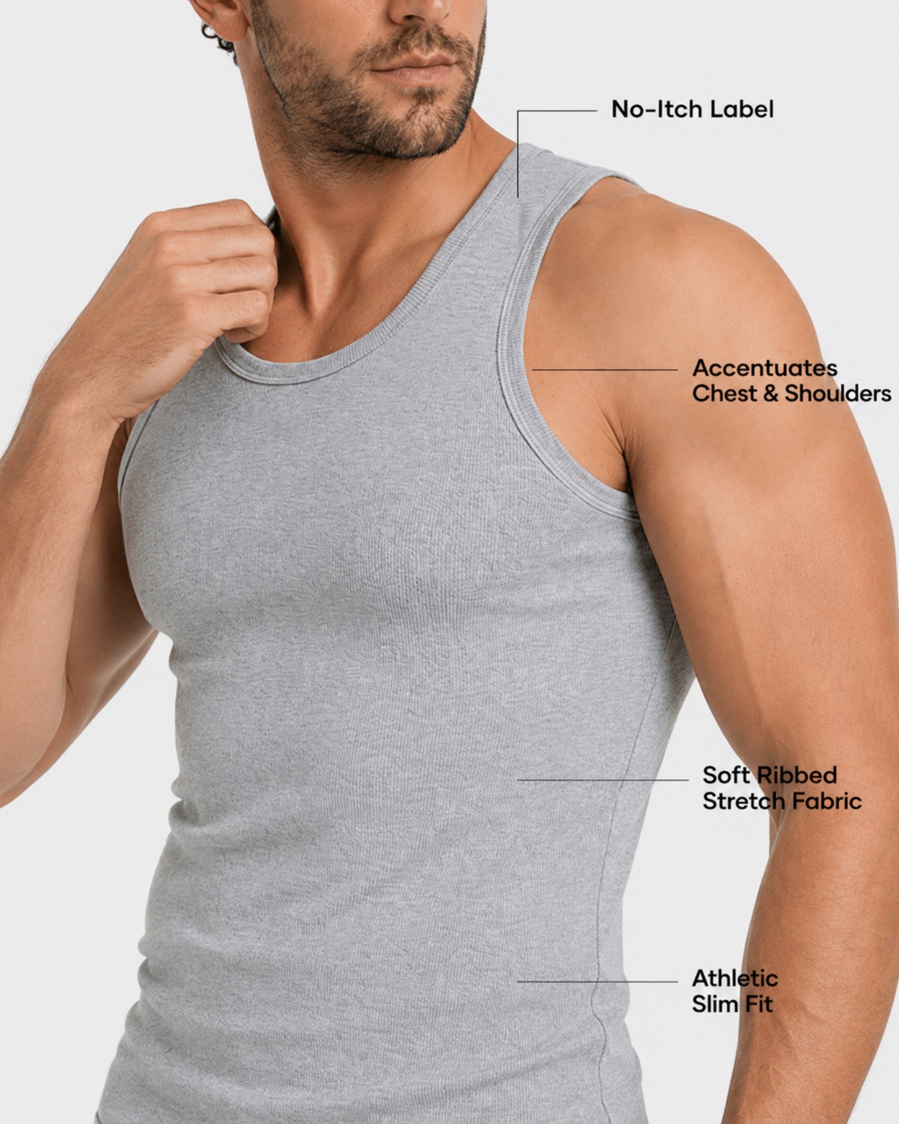 By Alden gray ribbed tank top on male model, features callout detail view, light gray background #Color_light gray