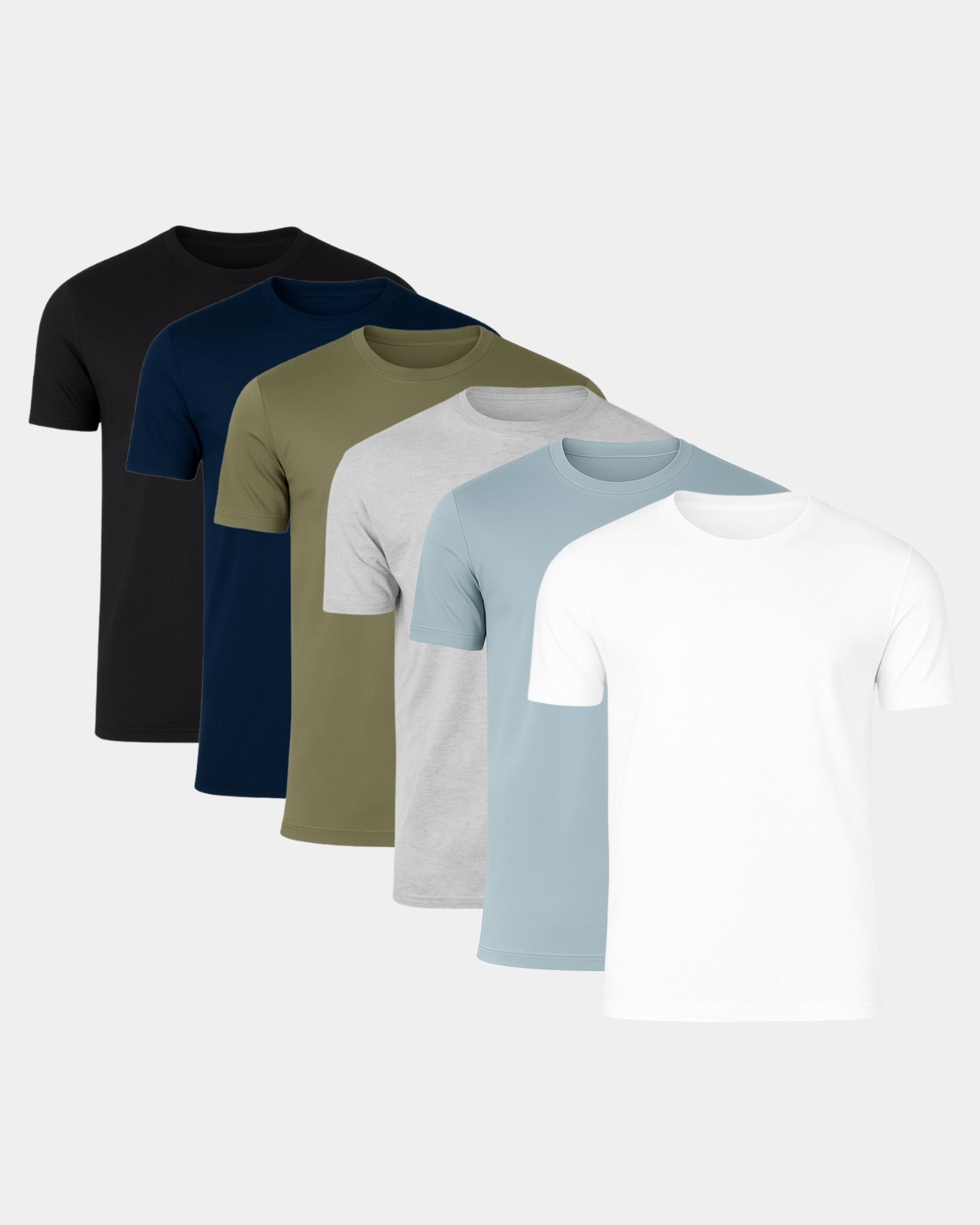 A set of five short-sleeve crew-neck t-shirts in different colors, arranged in a diagonal stack on a light gray background. The colors visible are black, navy blue, olive green, light gray, light blue, and white.