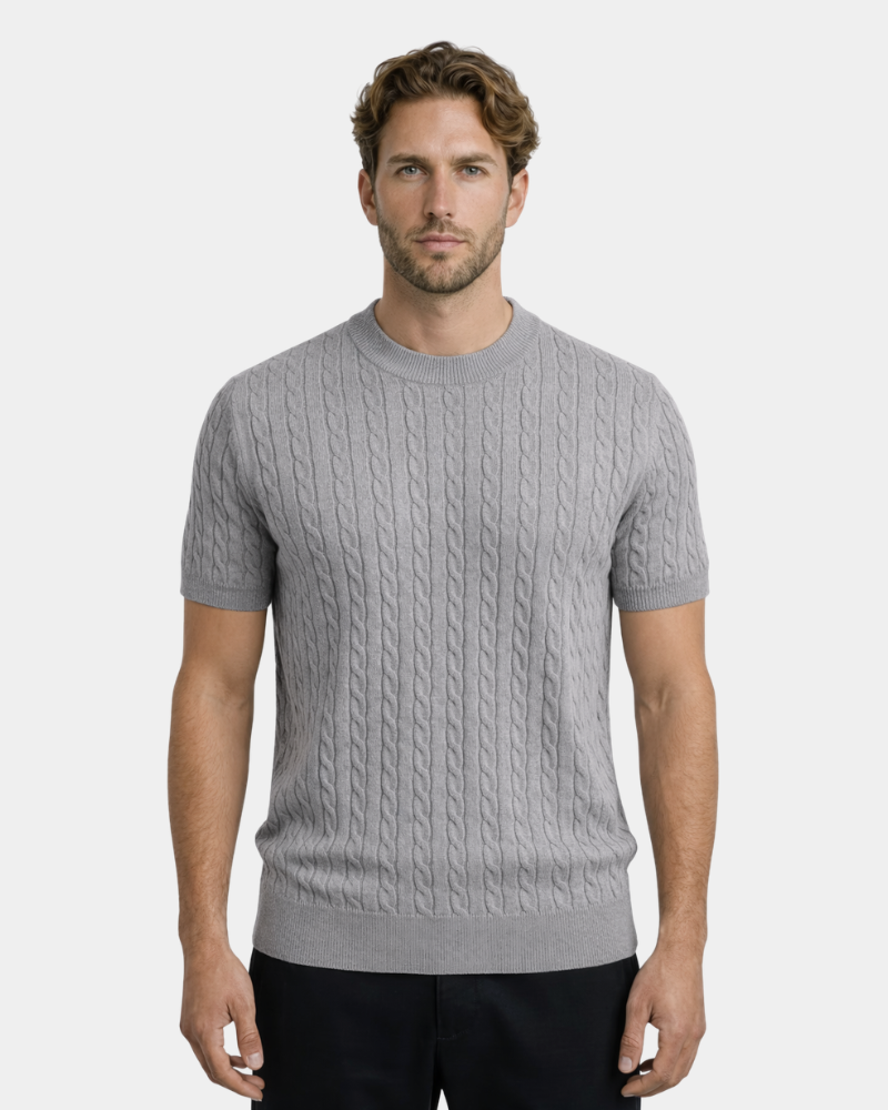 A grey cotton-blend cable knit t-shirt. Minimalist luxury short-sleeve sweater, tailored fit, and soft premium texture.