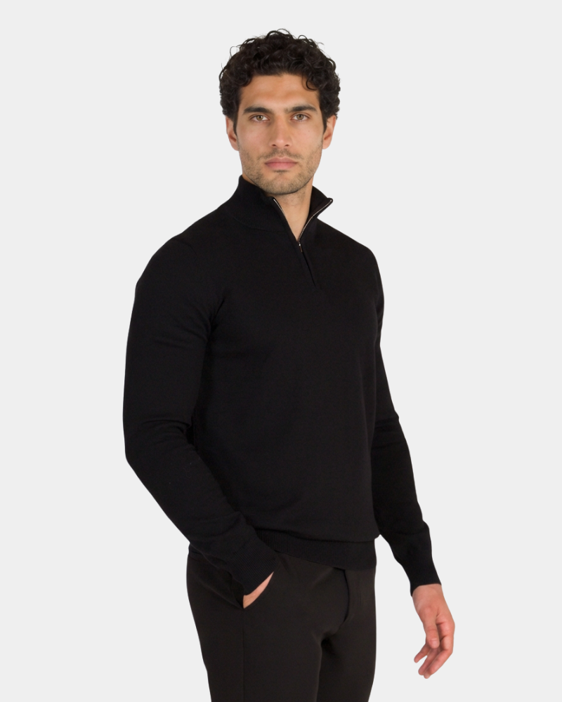 Minimalist luxury black cashmere knit half-zip sweater in a slim fit with ribbed collar and silver hardware.