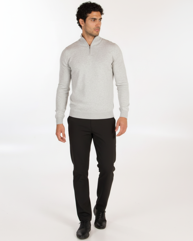 Luxury light grey cashmere knit half-zip sweater in a minimalist tailored fit with ribbed cuffs and hem.
