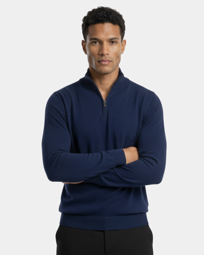 Luxury navy blue knit sweater in a minimalist slim fit, featuring a structured half-zip collar and ribbed cuffs.