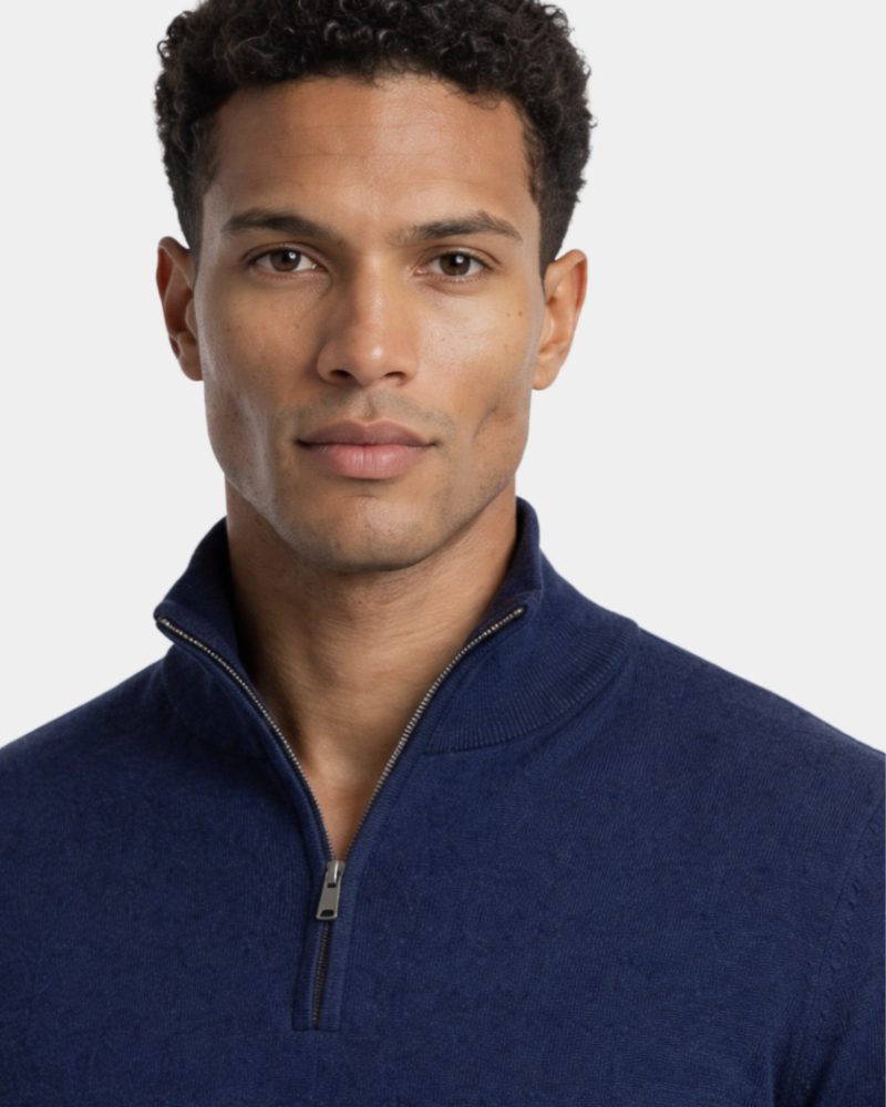 Luxury navy blue knit sweater in a minimalist slim fit, featuring a structured half-zip collar and ribbed cuffs.