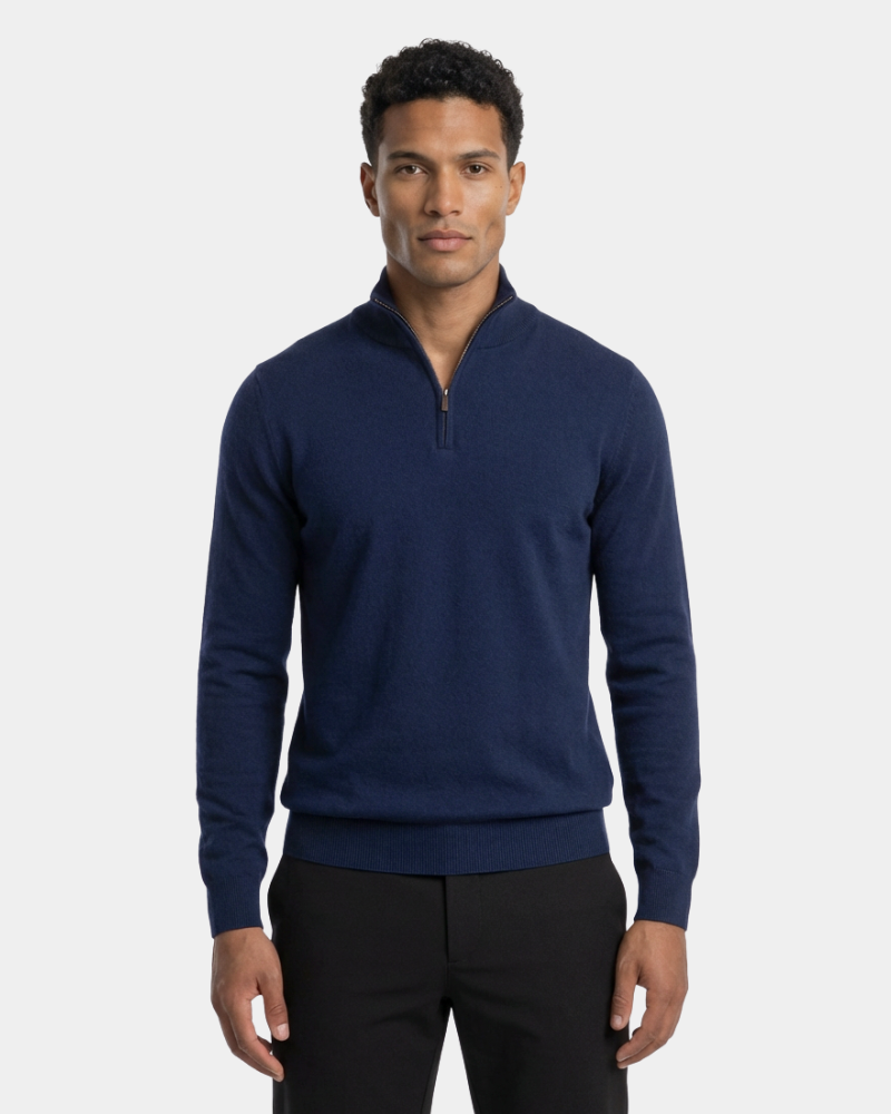 Minimalist luxury navy blue wool sweater in a slim fit, featuring a ribbed hem and versatile half-zip neckline.