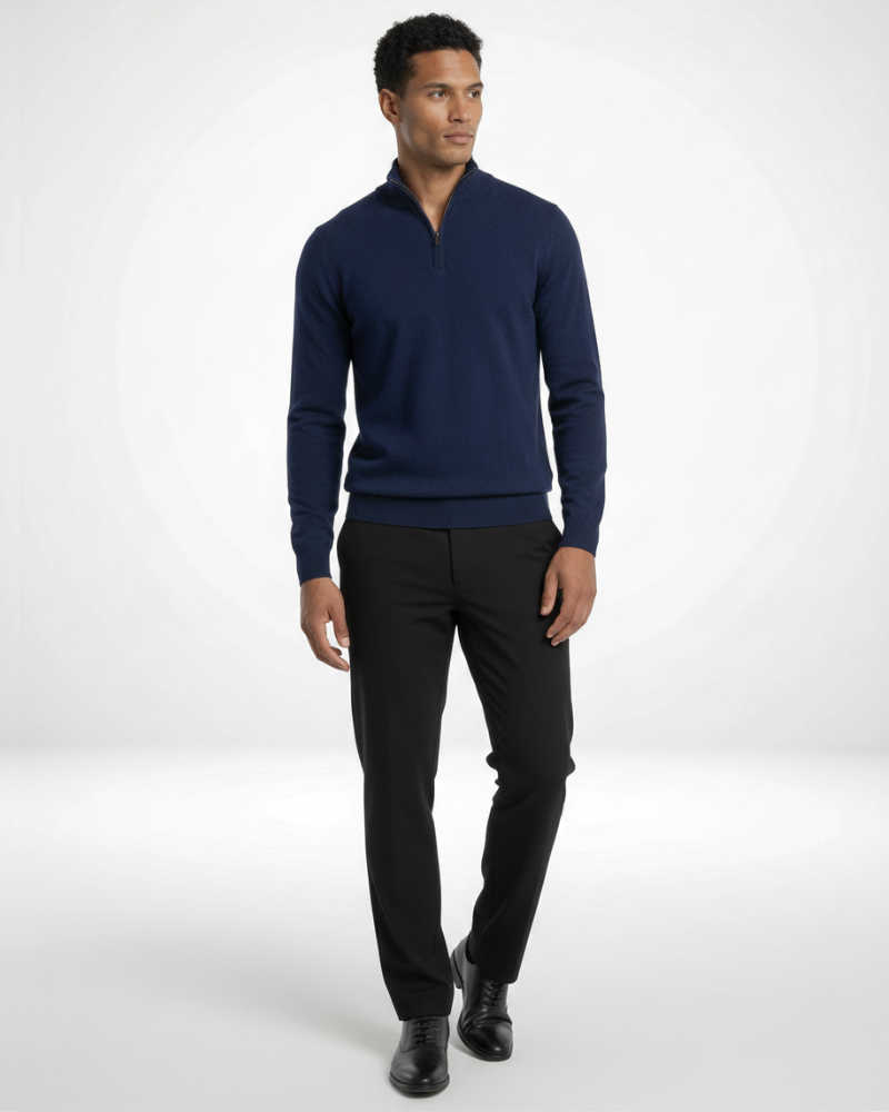 Minimalist luxury navy blue knit sweater paired with black trousers, highlighting a clean, professional silhouette.