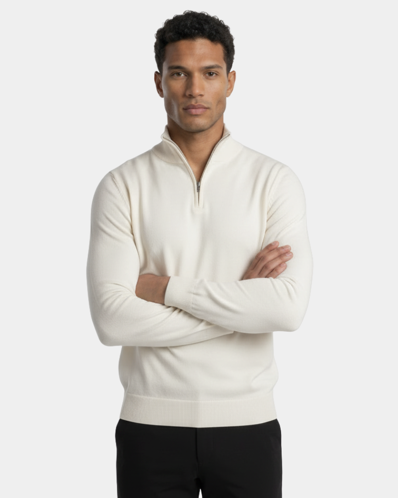 Minimalist luxury off-white wool knit sweater. Slim fit half-zip design with ribbed hem and premium texture.