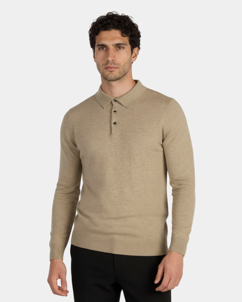 Luxury beige cashmere-wool knit polo. Minimalist slim fit with a soft heathered texture and refined three-button collar.