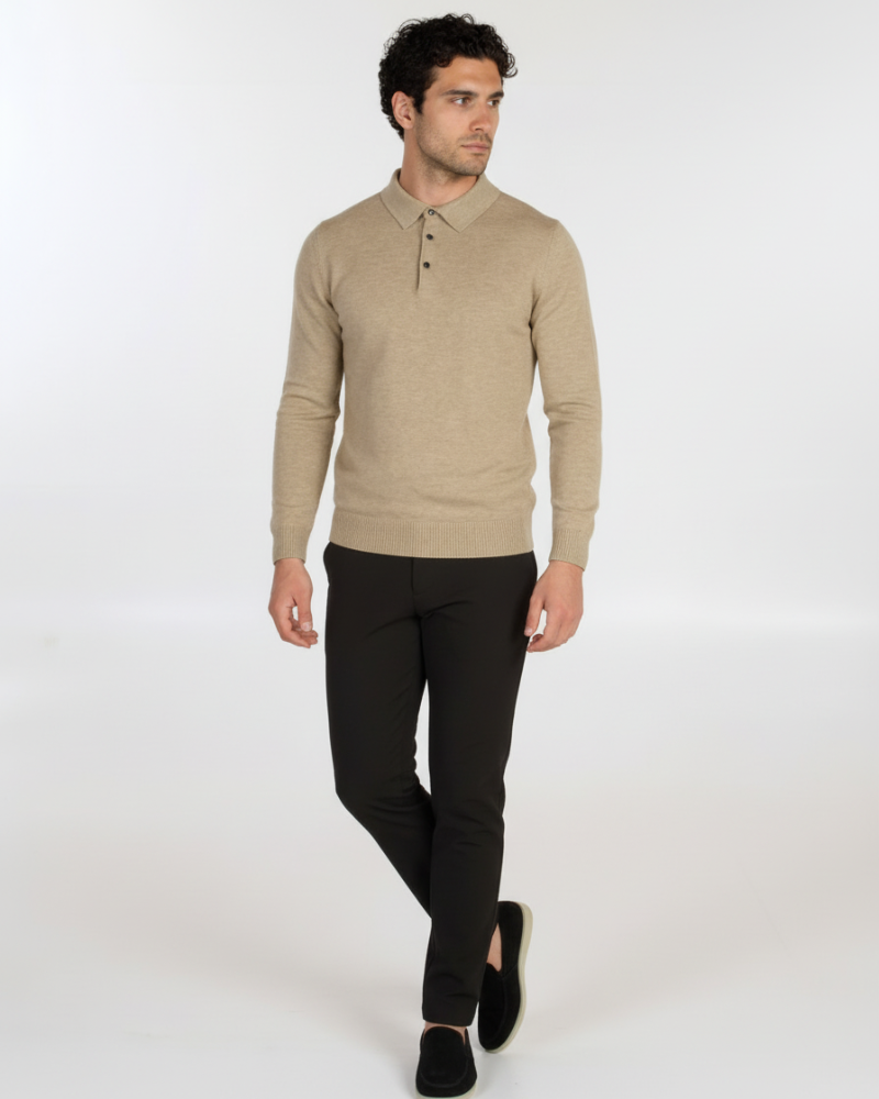 Full view of luxury beige cashmere-wool knit polo. Minimalist slim fit with a refined drape and heathered texture.