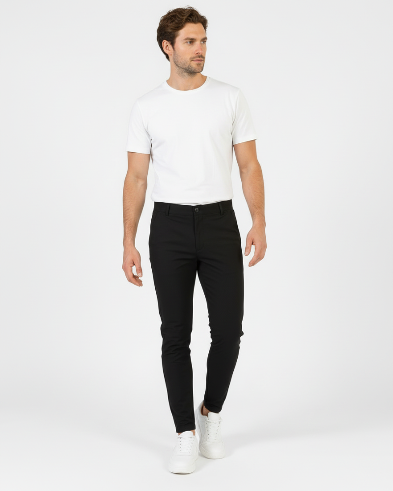 Minimalist luxury black stretch cotton chinos in a slim fit, showcasing a premium, tailored look for professionals.