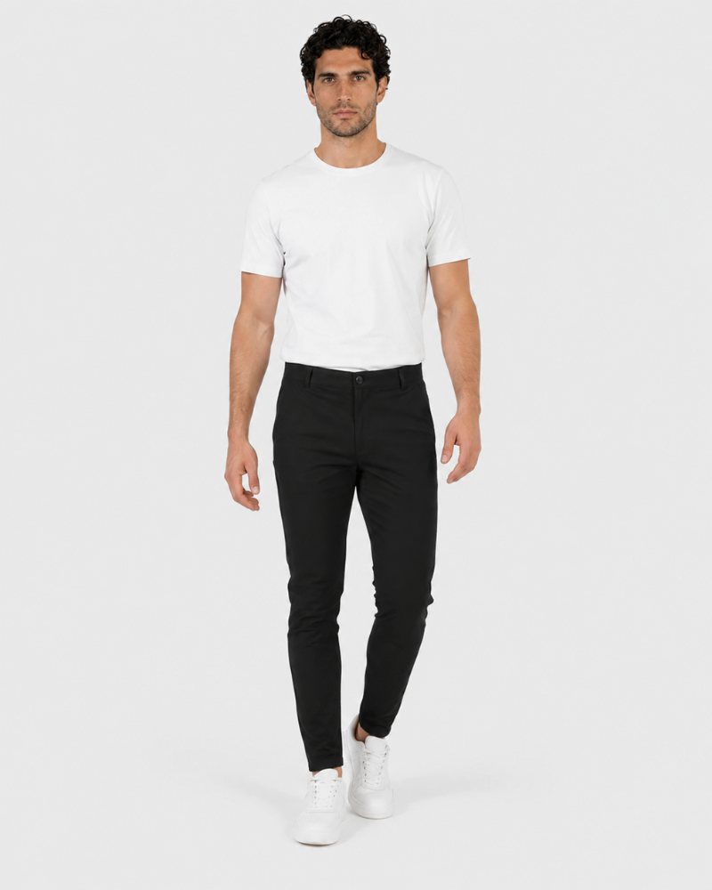 By Alden Minimalist luxury black stretch cotton chinos in a slim fit, showcasing a premium, tailored look for professionals. #color_black