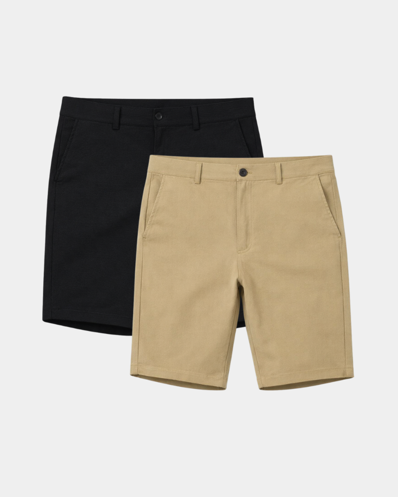 Minimalist luxury shorts in black and tan twill. Soft, lightweight stretch fabric with a tailored, premium fit.
