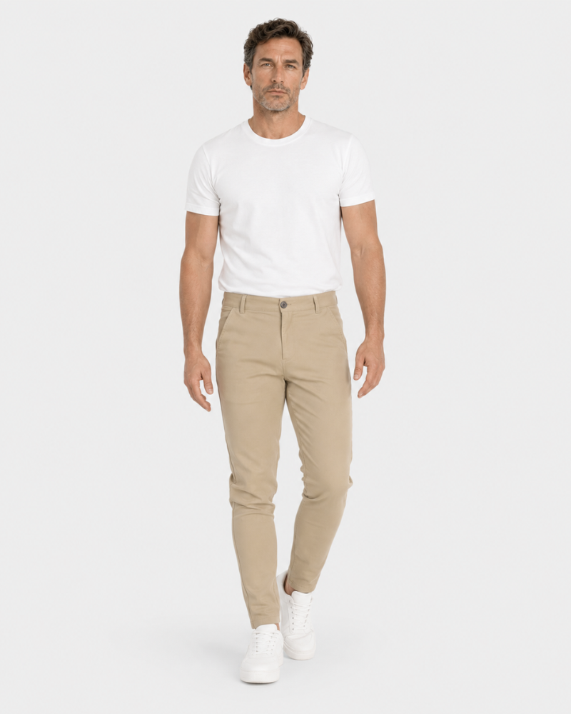 By Alden Minimalist luxury beige cotton-stretch chinos in a slim fit, featuring a smooth, breathable finish for a refined look. #color_beige
