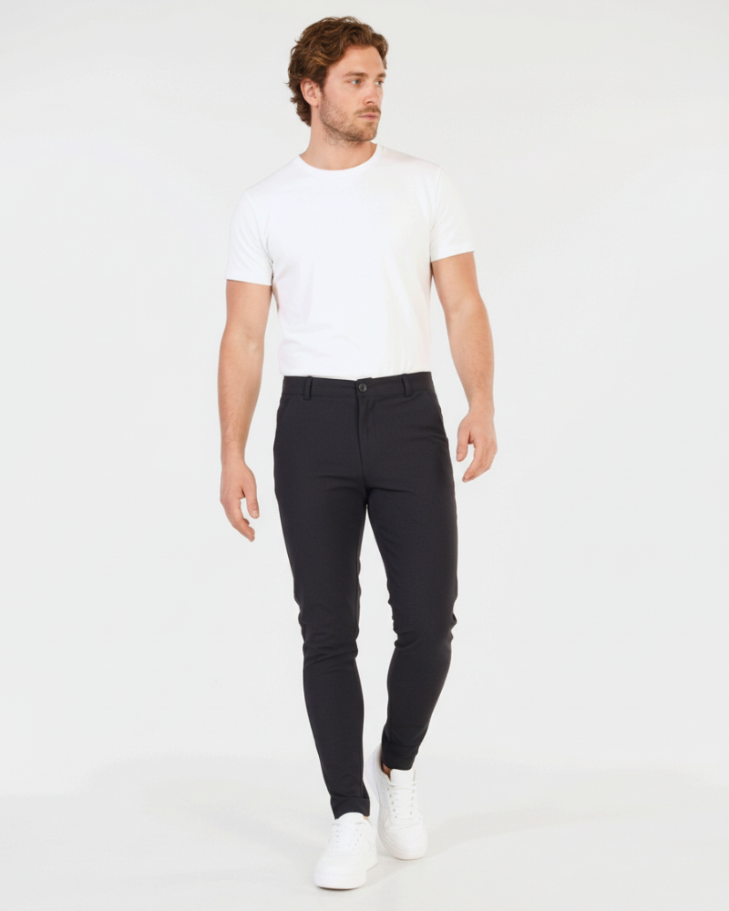 By Alden Minimalist luxury black stretch cotton chinos in a slim fit, featuring a smooth matte texture for a refined look. #color_dark gray