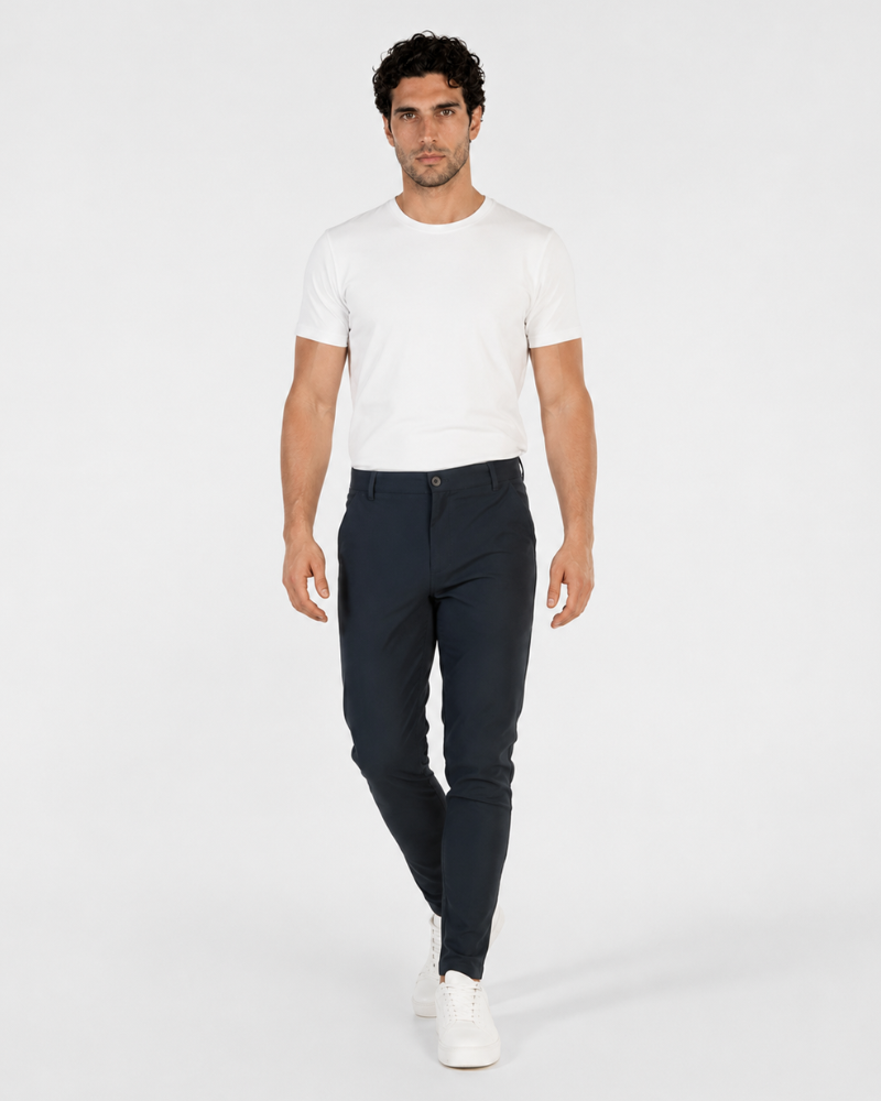 By Alden Minimalist luxury navy chinos in a slim-fit stretch cotton twill, styled for a modern professional look. #color_navy