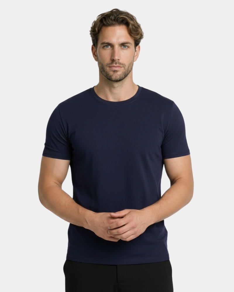 Minimalist luxury navy smart fit t-shirt in mercerized cotton interlock with a tailored fit and smooth finish.