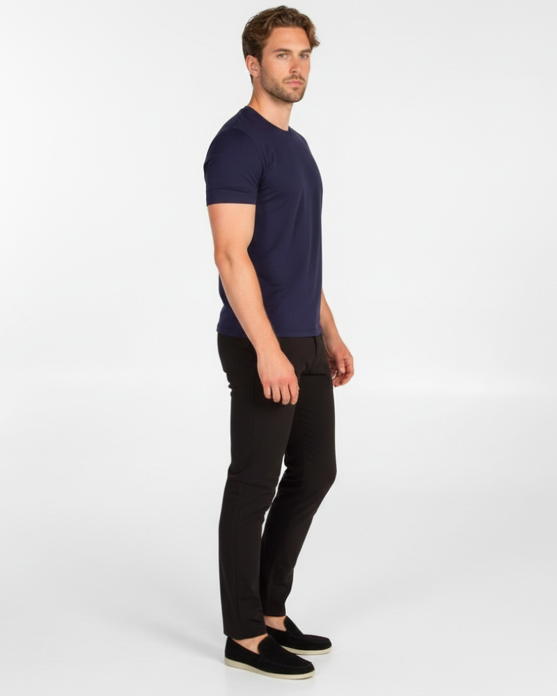 Minimalist navy luxury silk-cotton blend Smart Fit T-shirt shown in profile on model with a slim, tailored aesthetic.
