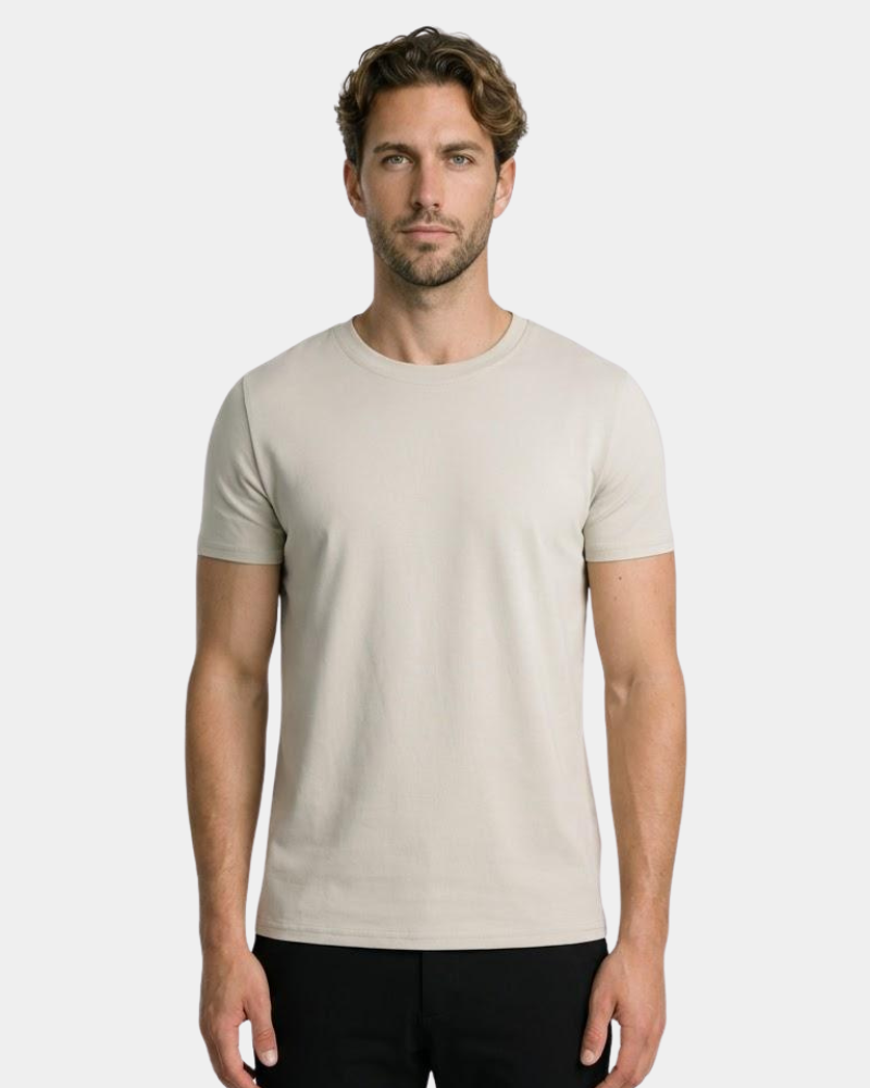 Minimalist luxury sand pima cotton Smart Fit T-shirt in a tailored fit with a refined, premium drape.