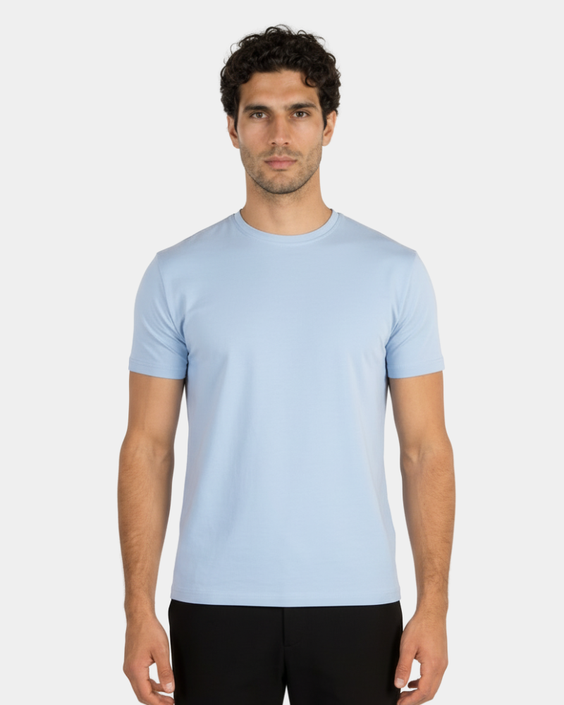 Minimalist luxury sky blue pima cotton Smart Fit T-shirt featuring a sharp tailored fit and bright color saturation.