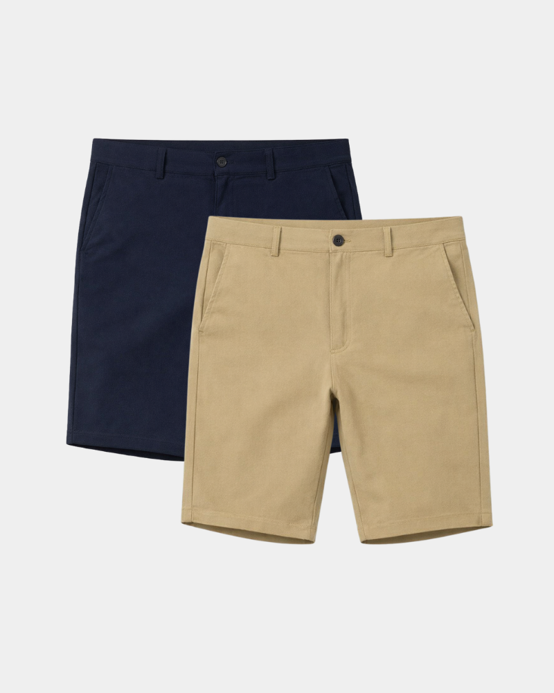Minimalist luxury chino shorts in navy and khaki cotton-twill stretch fabric. Slim fit design with clean, premium finish.