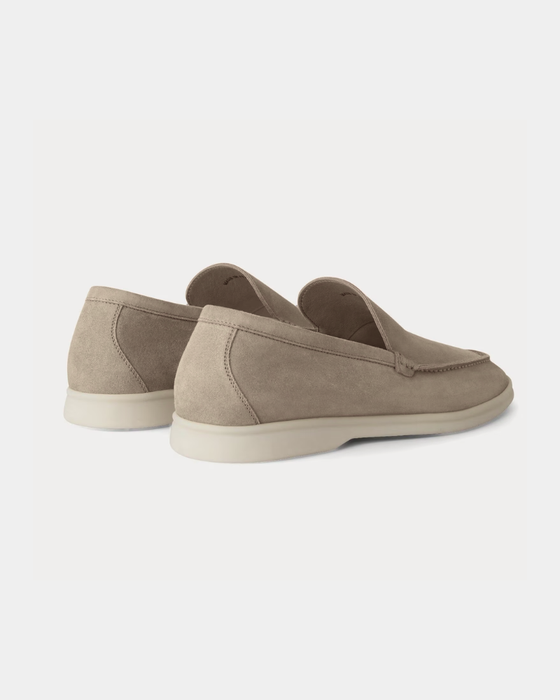 By Alden Minimalist beige luxury suede loafers showing the heel and off-white sole for a premium, comfortable slip-on fit. #color_deep stone