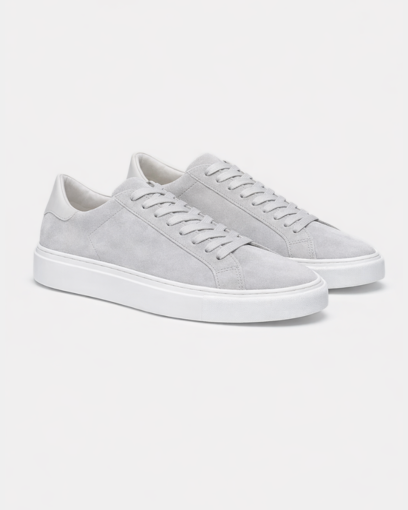 By Alden Beige Suede Classic Trainers, angled pair view, light grey background #color_beige