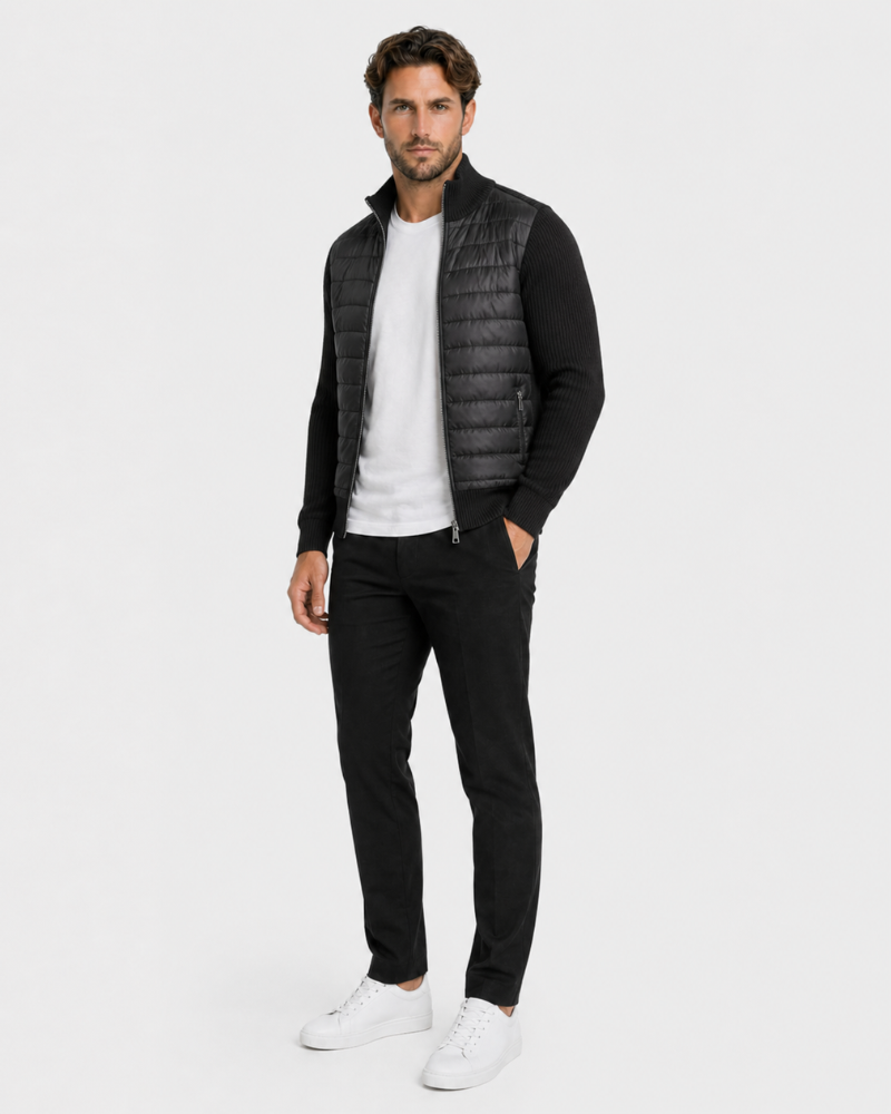 By Alden Black Hybrid Puffer Knit Jacket worn by a White male model, full front angle view, light grey background #Color_Black