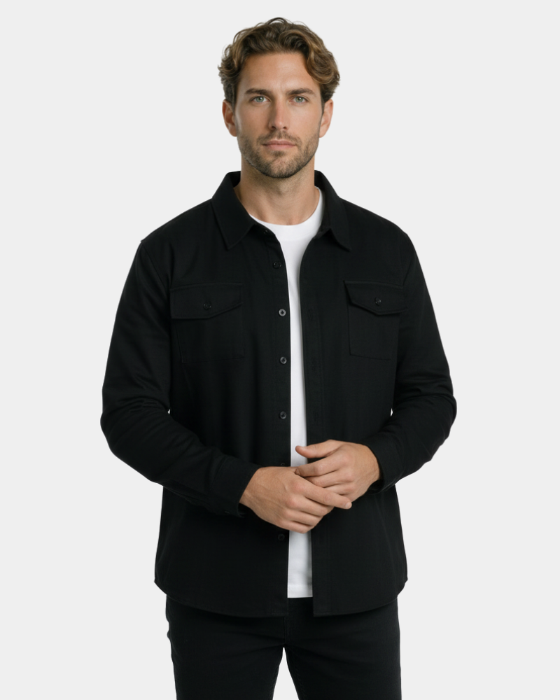 By Alden Black Overshirt worn by a White male model, cropped front view, light grey background #Color_Black