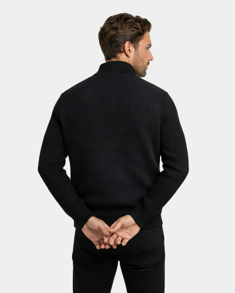By Alden Black Ribbed Knit Zip Jacket worn by a White male model, cropped back view, light grey background #Color_Black