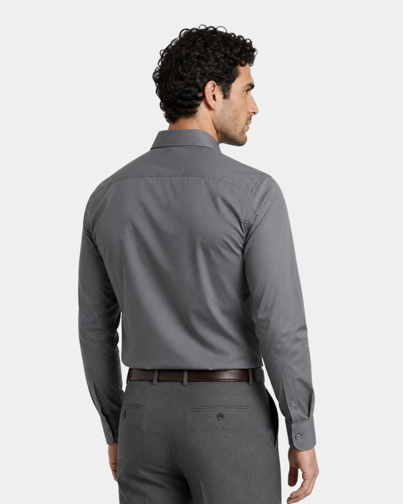 By Alden Charcoal Gray Slim Fit Dress Shirt worn by a male model, cropped back view, light grey background #color_gray