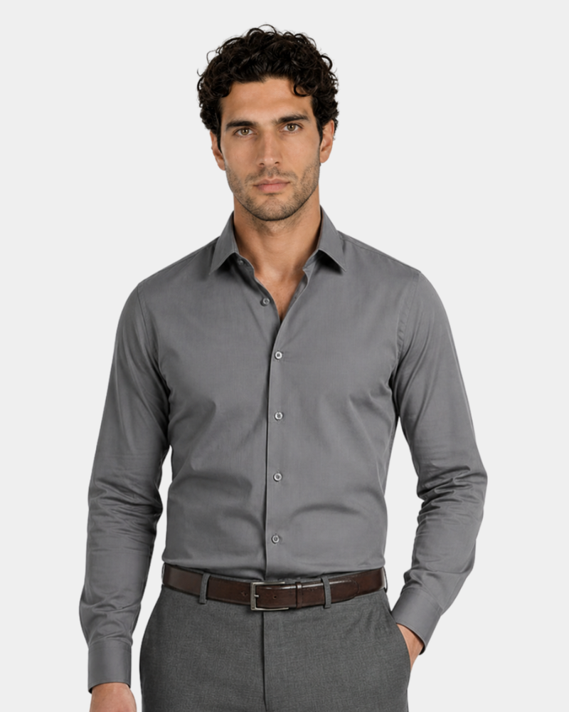 By Alden Charcoal Gray Slim Fit Dress Shirt worn by a male model, cropped front view, light grey background #color_gray