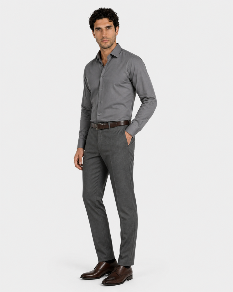 By Alden Charcoal Gray Slim Fit Dress Shirt worn by a male model, full front angle view, light grey background #color_gray