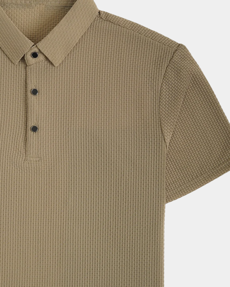 Close-up of a By Alden beige textured polo shirt on a white background #Color_camel