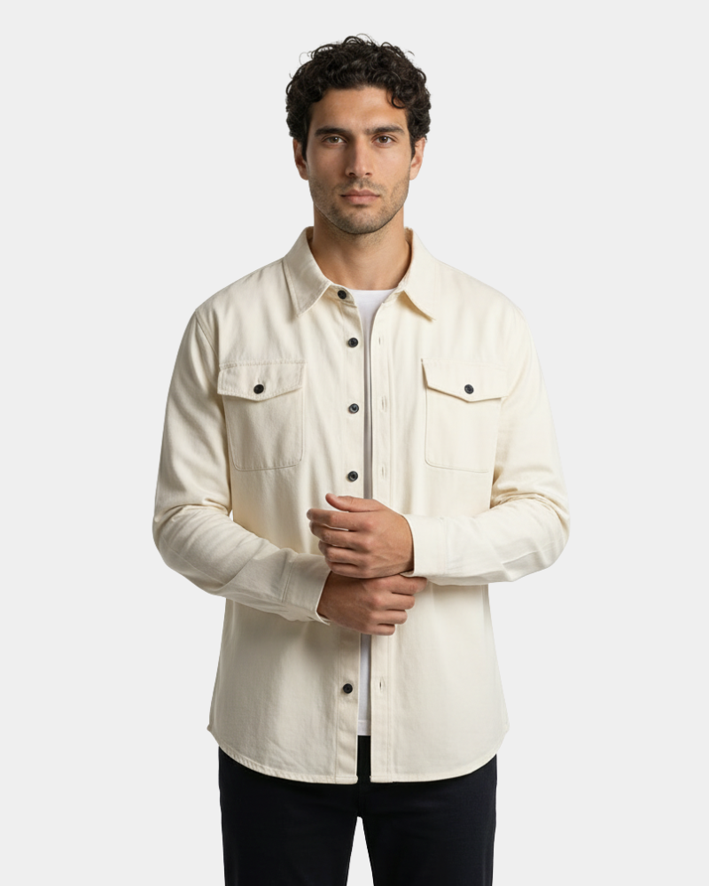 By Alden Cream Overshirt worn by a male model, cropped front view, light grey background #Color_off white