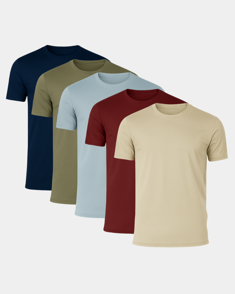 Five plain t-shirts in navy, green, light blue, red, and beige on a white background #Color_mixed color
