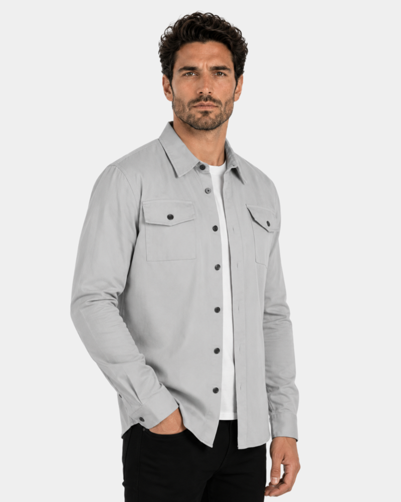 By Alden Gray Overshirt worn by a male model, cropped front view, light grey background #Color_Gray