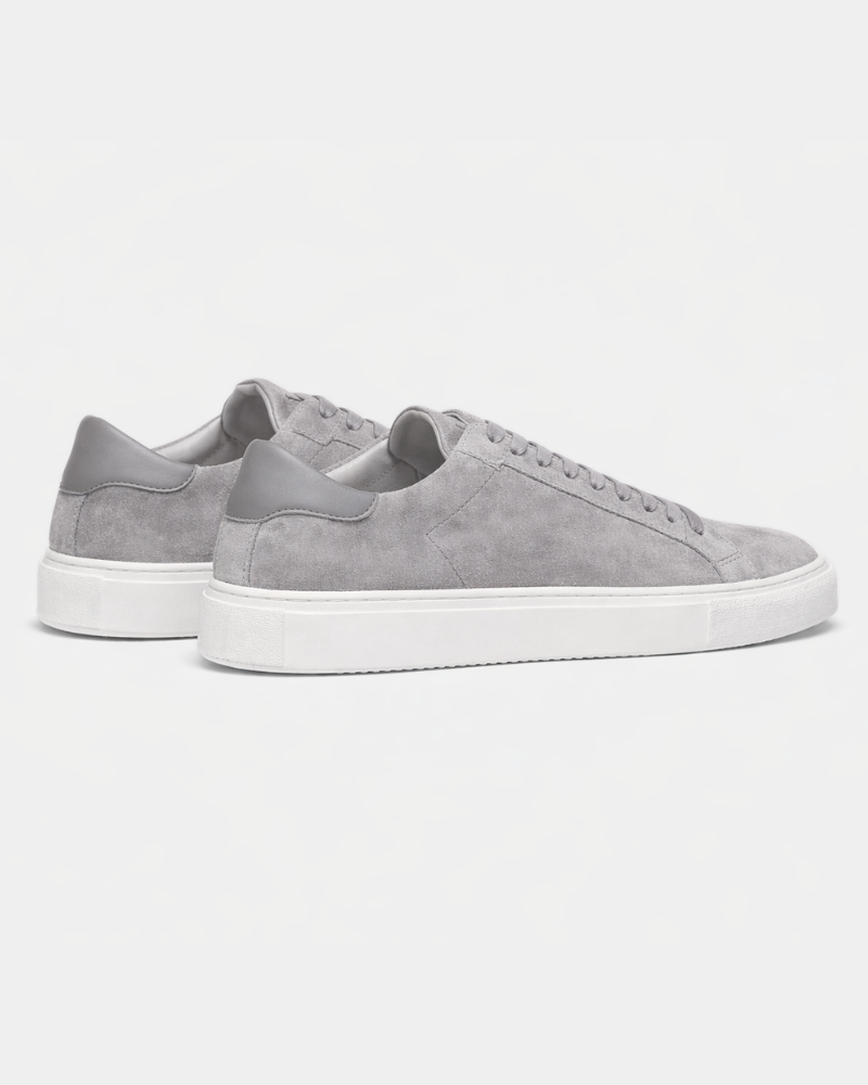 By Alden Gray Suede Classic Trainers, angled rear pair view, light grey background #color_gray