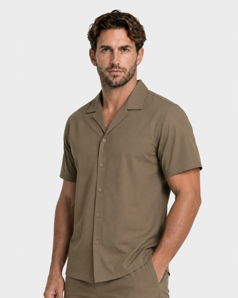 By Alden Green Camp Collar Shirt worn by a White male model, cropped front angle view, light grey background #Color_warm taupe