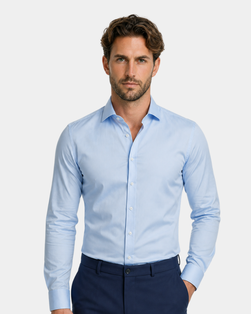By Alden Light Blue Slim Fit Dress Shirt worn by a White male model, cropped front view, light grey background #Color_light blue
