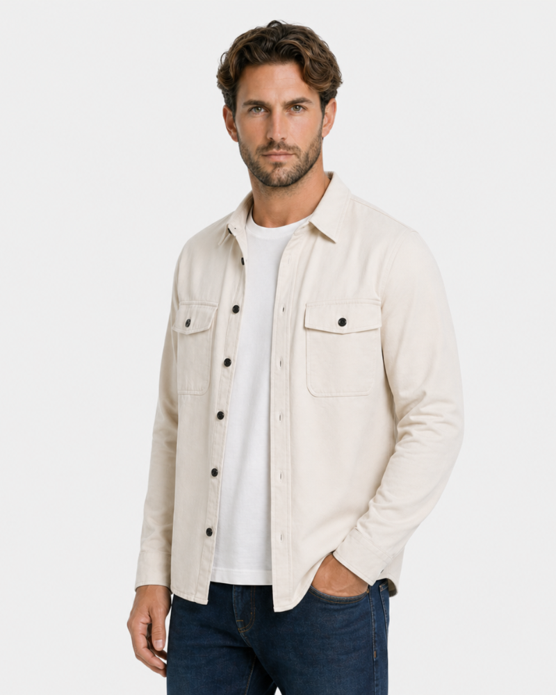 Man wearing a By Alden beige jacket over a white shirt on a white background #color_deep stone