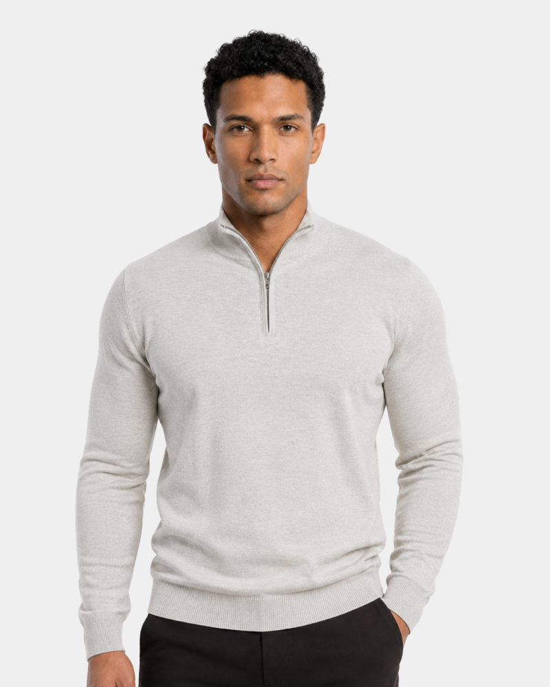 Man wearing a By Alden light gray quarter-zip sweater on a white background #color_gray