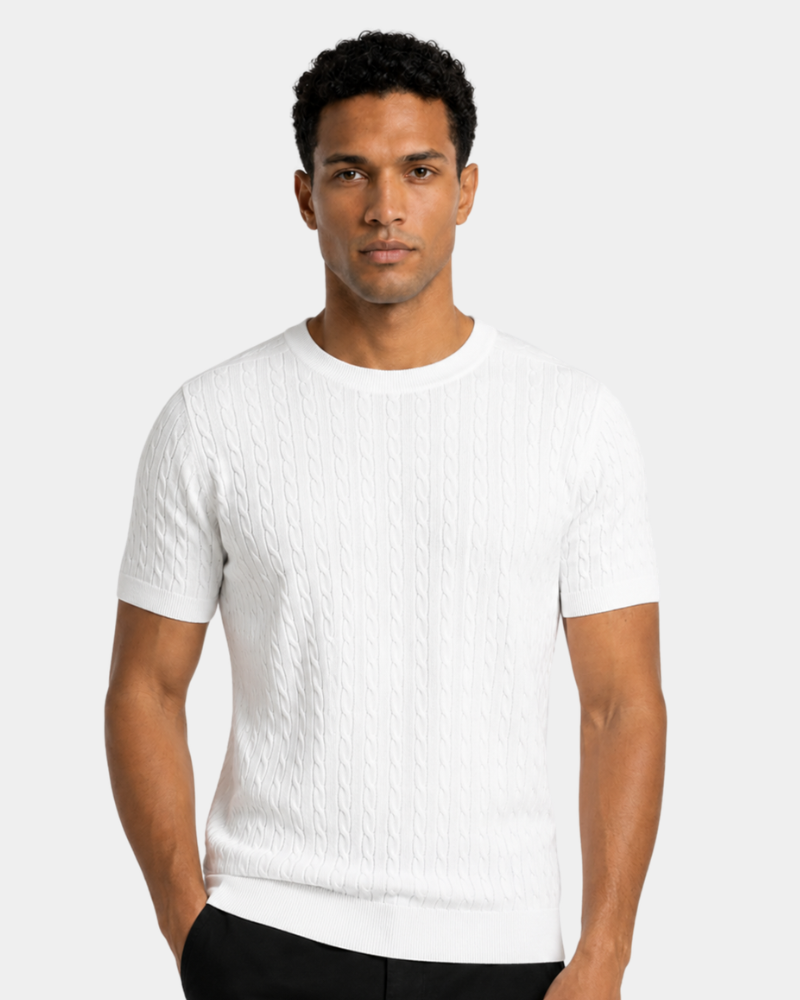 Man wearing a By Alden textured white t-shirt against a plain background #color_white