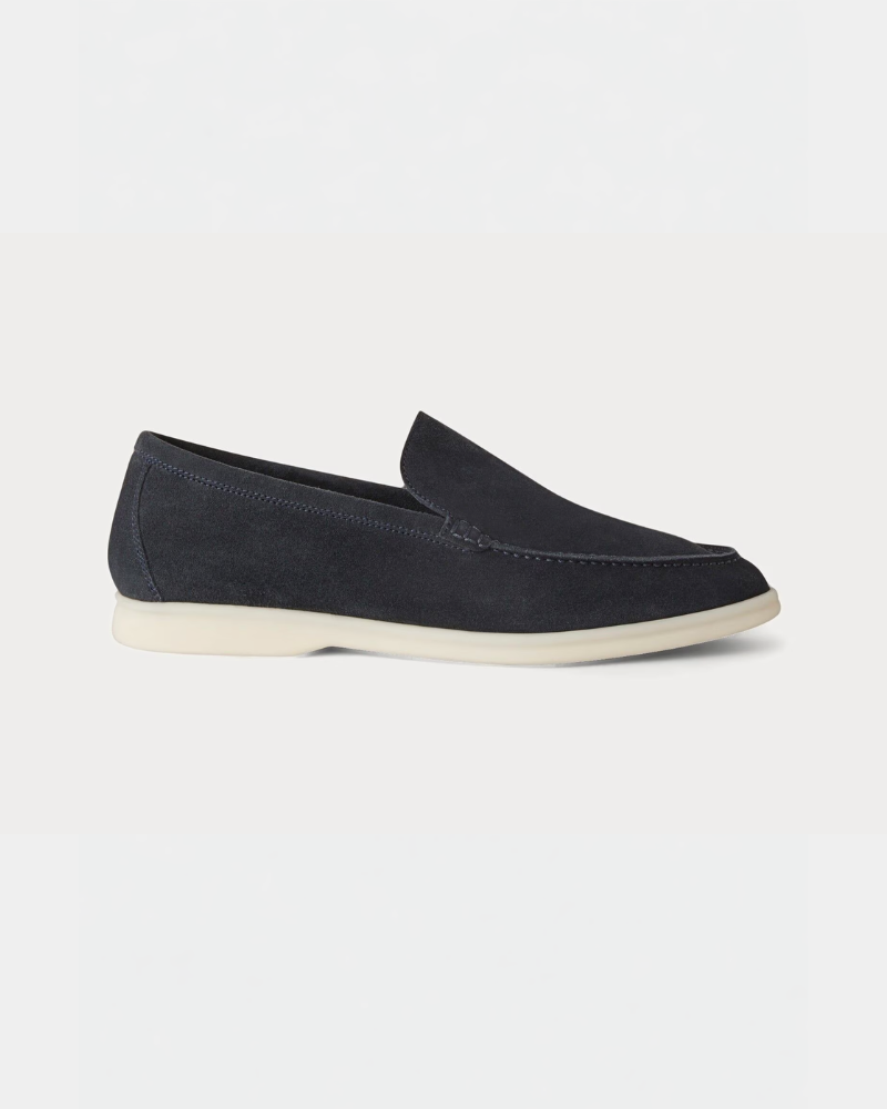 By Alden Minimalist luxury navy suede loafers with cream rubber soles, featuring a clean slip-on fit and premium texture. #color_navy