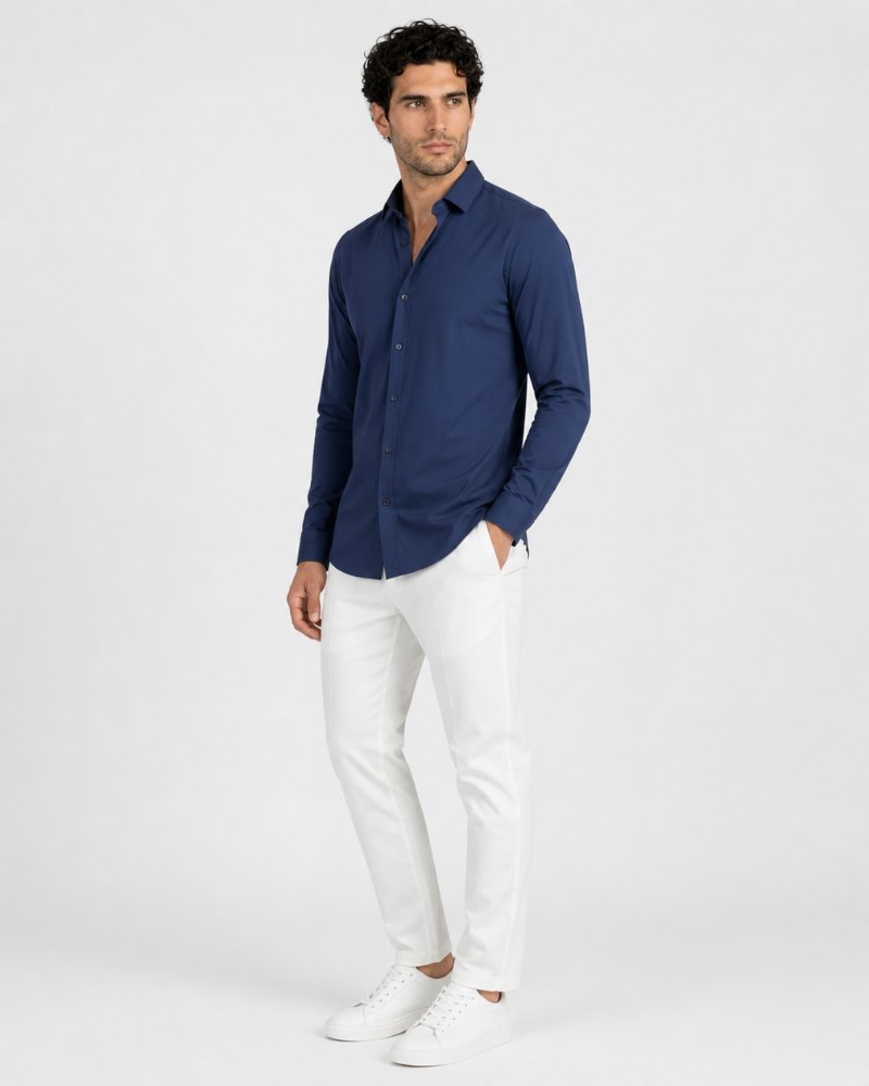 By Alden Navy Slim Fit Dress Shirt worn by a male model, full front angle view, light grey background #color_navy
