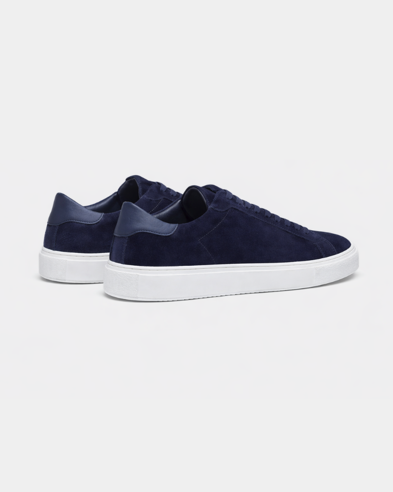 By Alden Navy Suede Classic Trainers, angled rear pair view, light grey background #color_navy