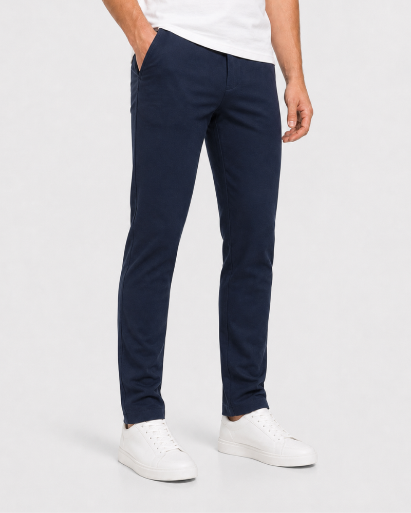 By Alden Navy blue pants worn by a person on a white background #Color_navy