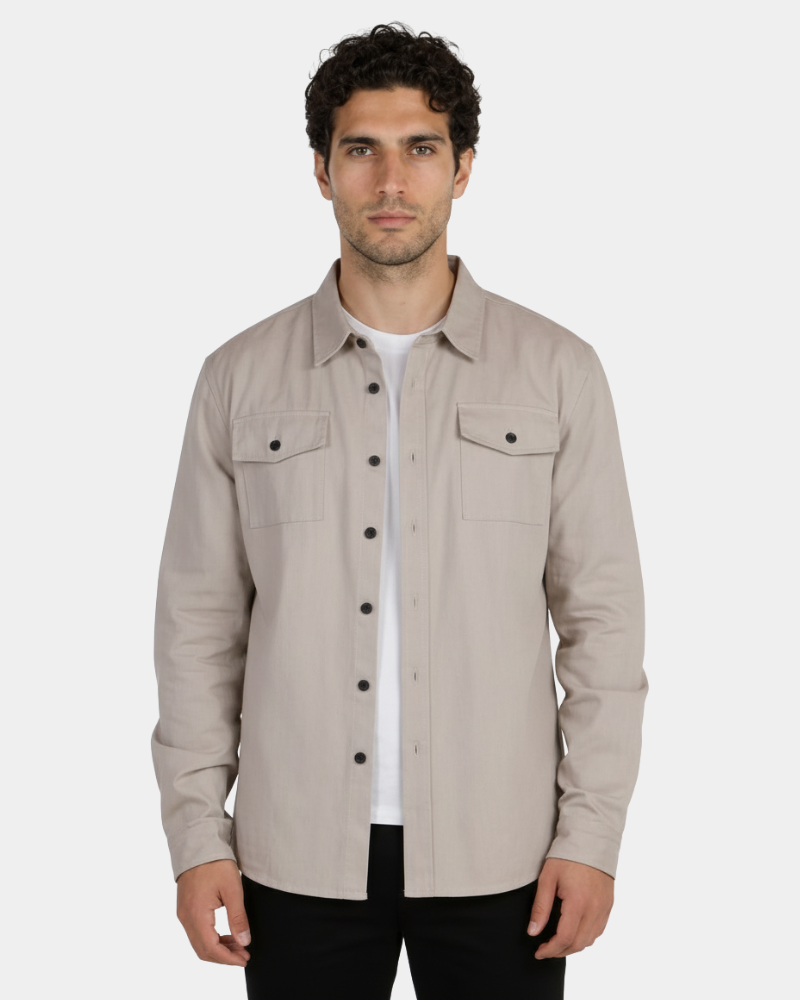 By Alden Sandstone Overshirt worn by a male model, cropped front view, light grey background #Color_deep stone