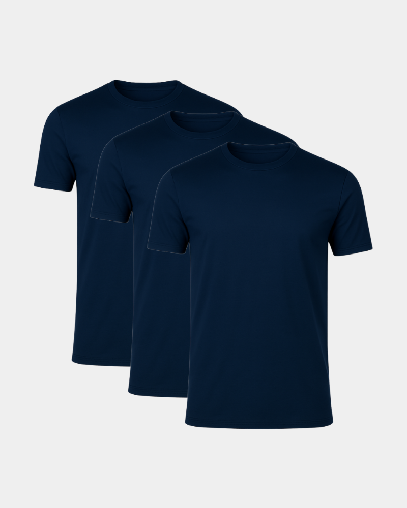 Three navy blue t-shirts stacked on a light gray background #Color_navy