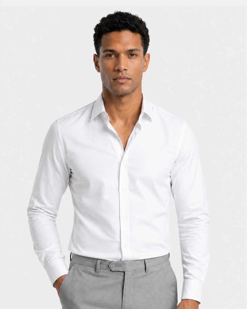 By Alden White Slim Fit Dress Shirt worn by a Black male model, cropped front view, light grey background #color_white