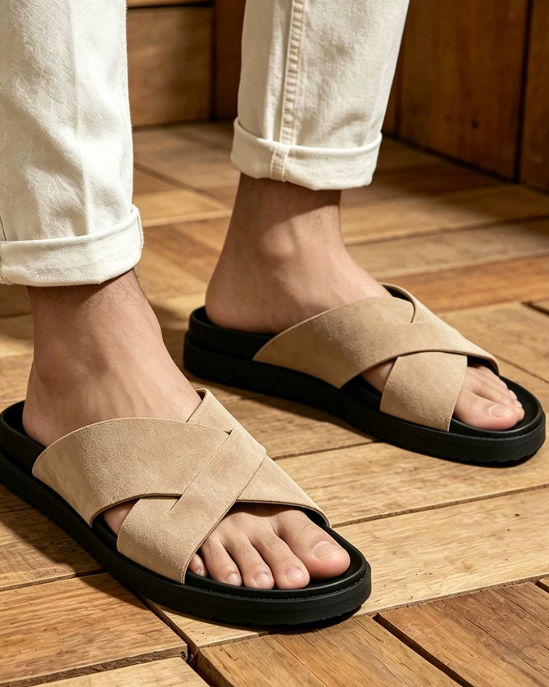 By Alden beige cross-strap suede slide sandal, male Caucasian model, close-up view, wood floor background #Color_beige