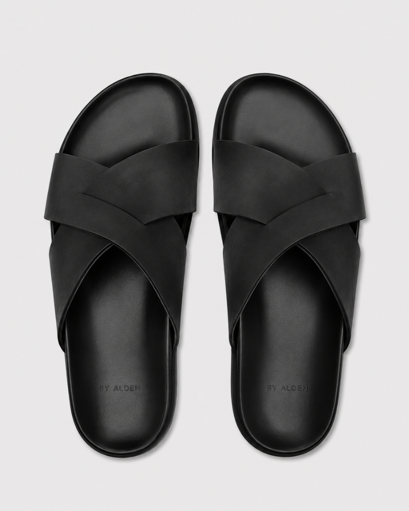 By Alden black cross-strap leather slide sandals pair, black sole, top view, gray background #Color_black